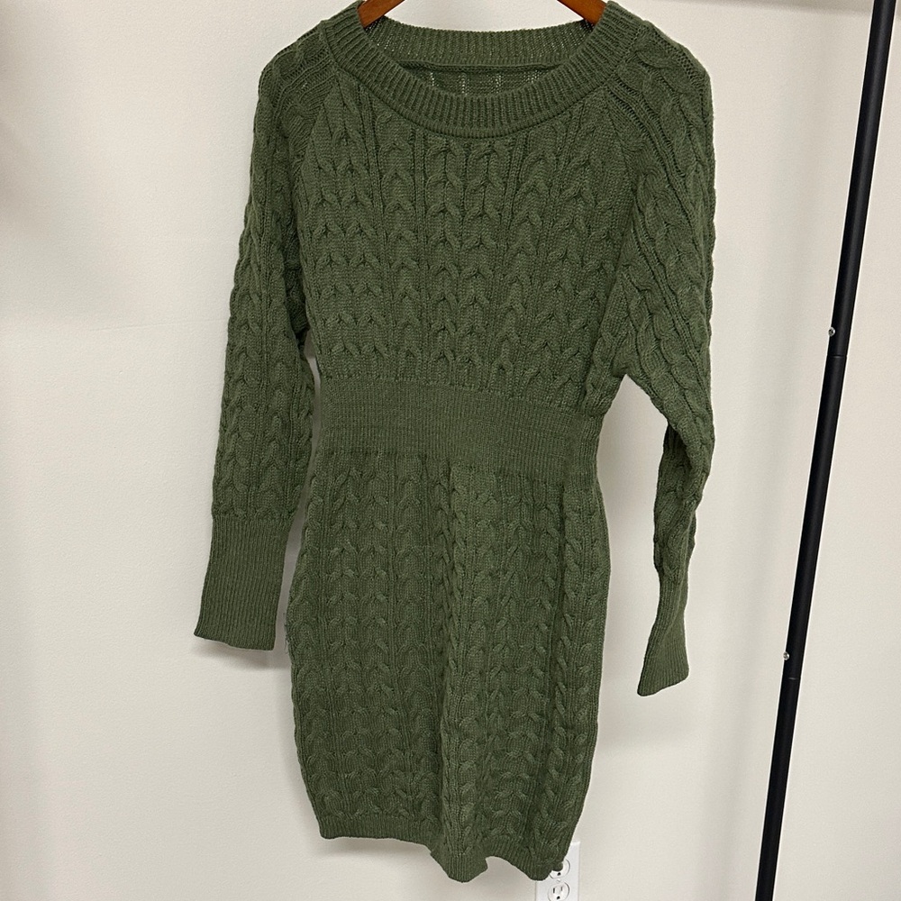 Olive Green Cable Knit Sweater Dress